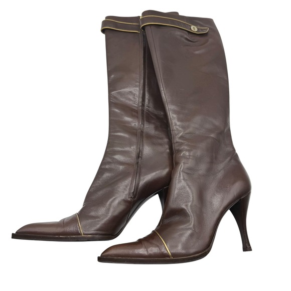 Sergio Rossi Brown Leather Knee High Stiletto Heel Boots Gold Accent Size 40 - Picture 1 of 13